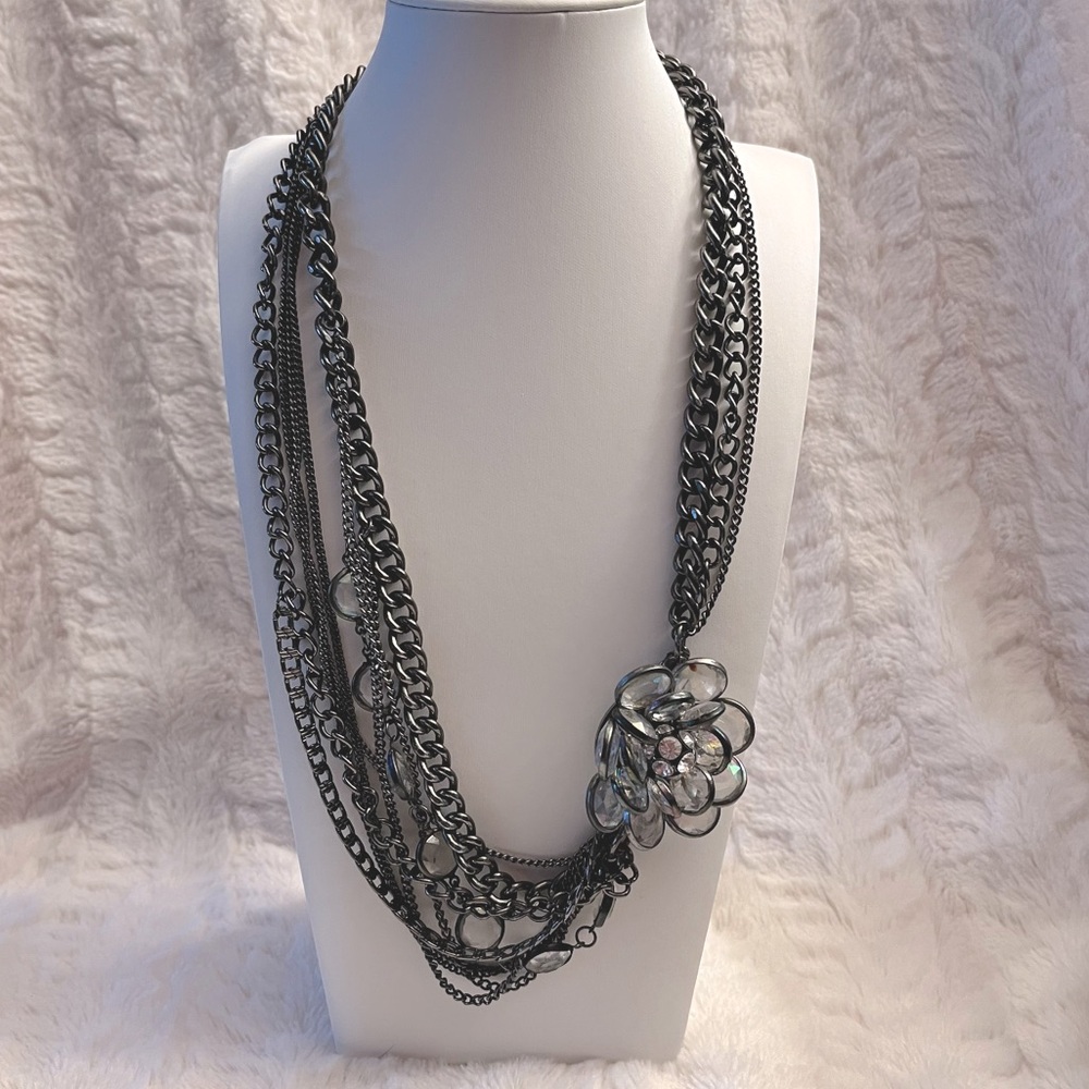 Vera Wang Multi-Strand Silver & Gunmetal Crystal Necklace With Rhinestone Flower - Picture 2 of 16